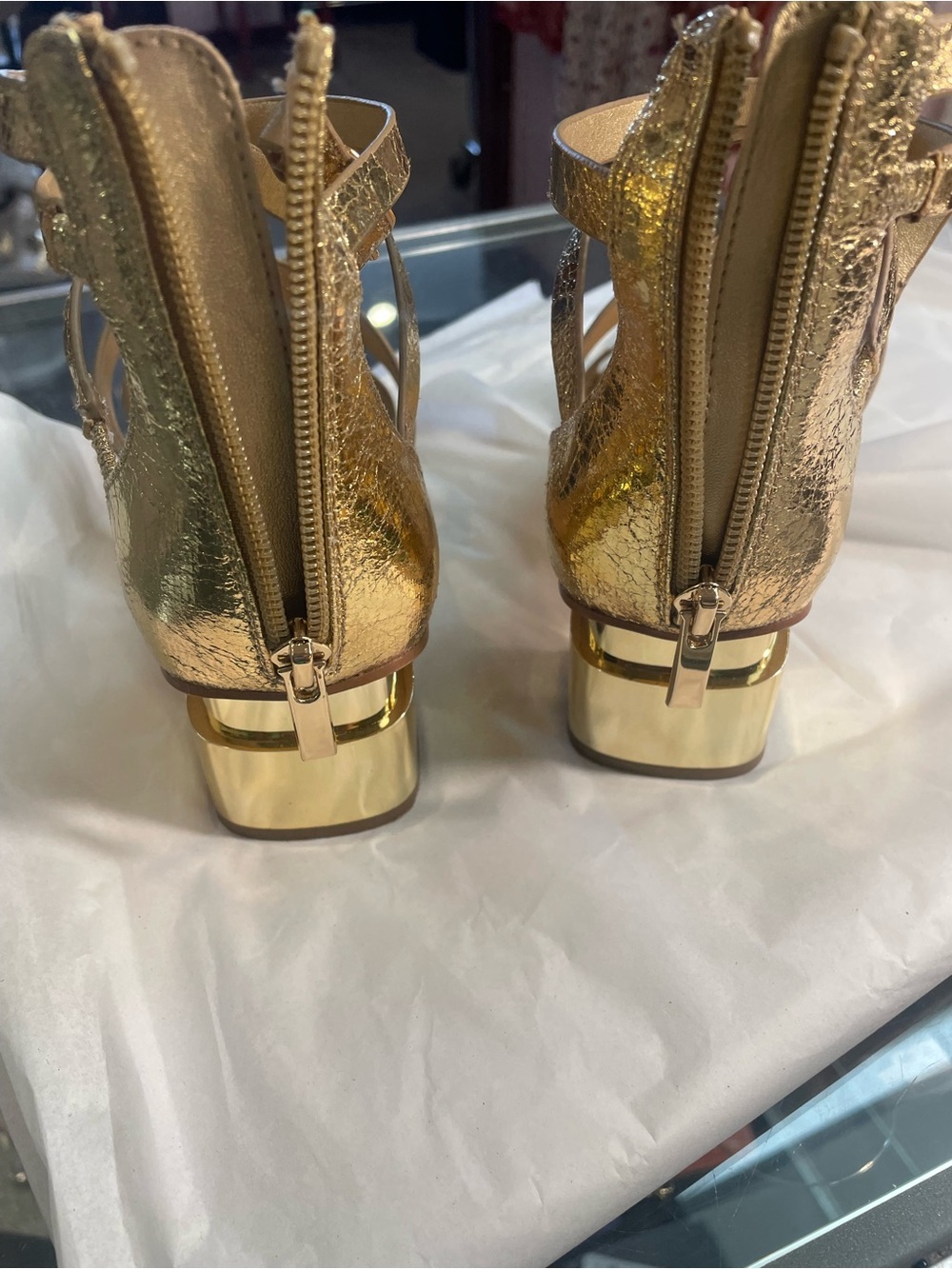 Franco Sarto Gold Metallic Strappy Block Heel Sandals - Picture 8 of 9